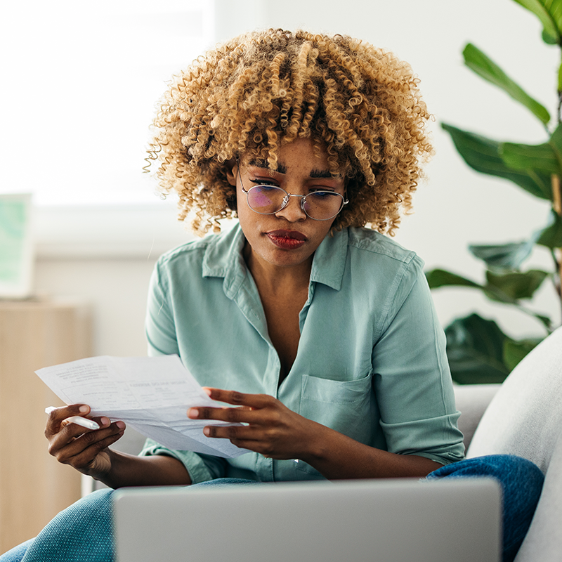 A woman looking at her finances