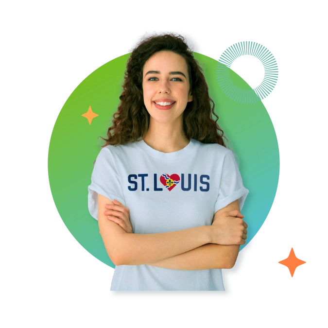 A woman wearing a St. Louis Shirt